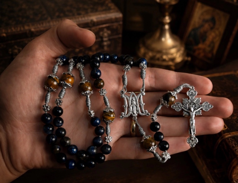Terço do Santíssimo Nome de Maria na palma da mão: pedras de Olho de Tigre azul e dourado com detalhes prateados
