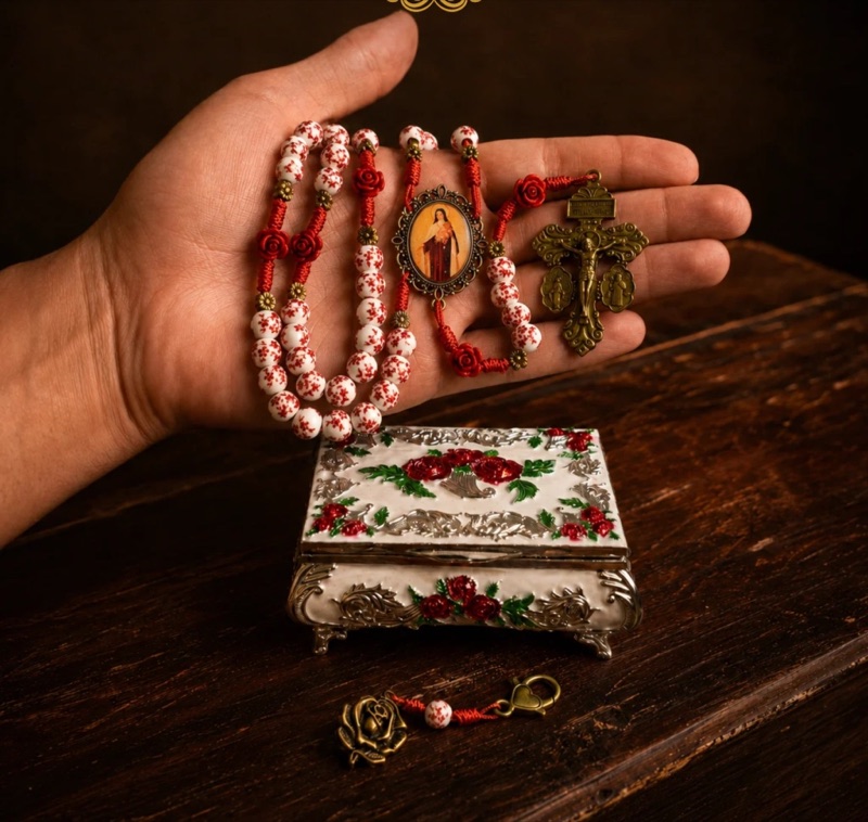 Combo Rosas de Santa Terezinha: terço de cerâmica com rosas e caixinha metálica